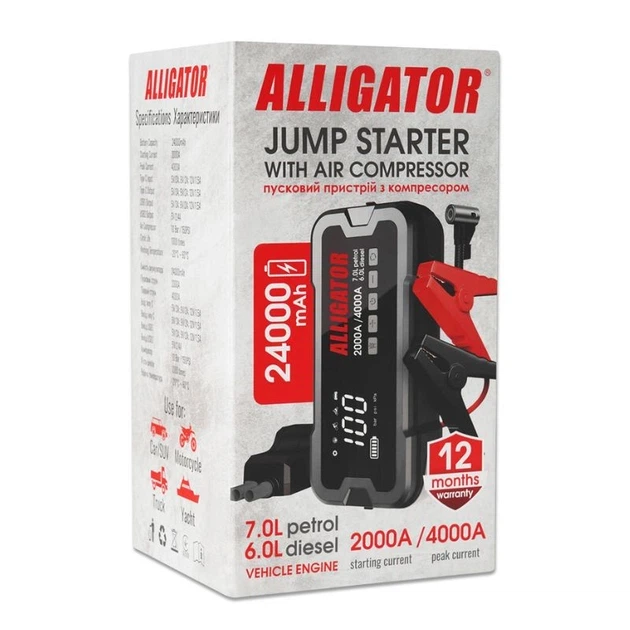 Пусковий пристрій для авто Alligator 12В 2000-4000A з Power Bank 24000mAh та компресором 10Атм (JS850) - зображення 6