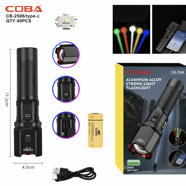 Ручний LED ліхтарик Coba CB 2506 з PowerBank, потужний аккумуляторний ліхтар з 5 режимами світла, USB зарядка, туристичний ліхтар для дому та кемпінгу - Фото 1 Ручний LED ліхтарик Coba CB 2506 з PowerBank, потужний аккумуляторний ліхтар з 5 режимами світла, USB зарядка, туристичний ліхтар для дому та кемпінгу - зображення 1
