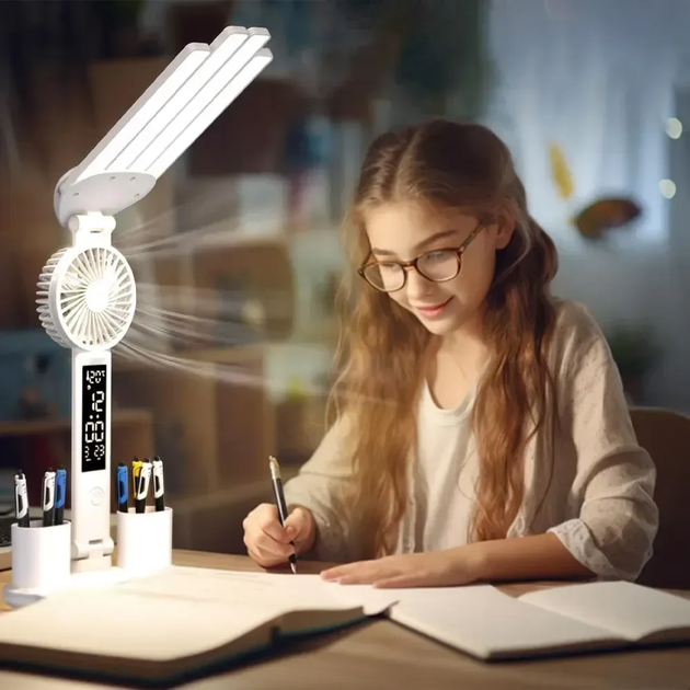 Настільна LED-лампа KRX-1011 з вентилятором, годинником та підставкою-органайзером — 4 в 1 для роботи та навчання - зображення 2