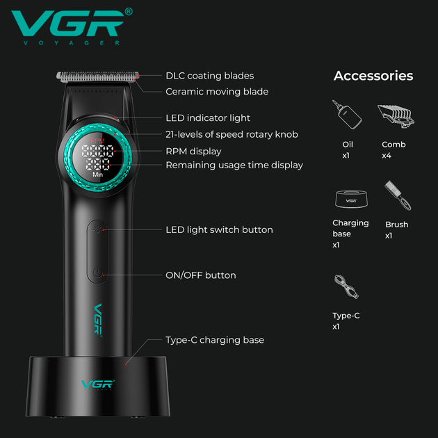 Профессиональная машинка для стрижки триммер VGR V-977 с зарядной станцией на подставке Черный Портативная машинка для стрижки с регулятором мощности и LED дисплеем 6000 - 8000 RPM 2500 мАч - изображение 4
