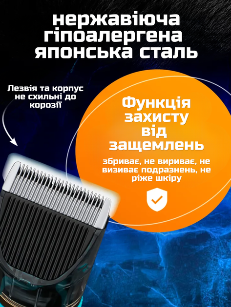 Машинка для стрижки волосся голови професійна акумуляторна 6 в 1 зі змінними насадками VGR потужний 10 ВТ бездротовий тример для бороди та вусів бірюзова - зображення 6