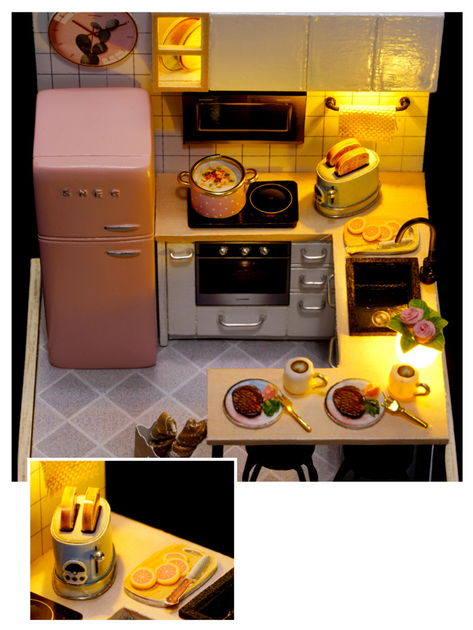 3D Конструктор Румбокс Уютная кухня с подсветкой Миниатюрный кукольный домик для сборки Roombox с куполом от пыли Интерьерный конструктор DIY HOUSE BookNook - Фото 7 3D Конструктор Румбокс Уютная кухня с подсветкой Миниатюрный кукольный домик для сборки Roombox с куполом от пыли Интерьерный конструктор DIY HOUSE BookNook - изображение 7