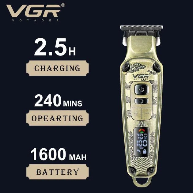 Бездротовий тример VGR V-901 для бороди та вусів акумуляторний машинка для стрижки волосся з LED дисплеєм керамічні леза насадки USB Type-C автономність 240 хвилин - изображение 3