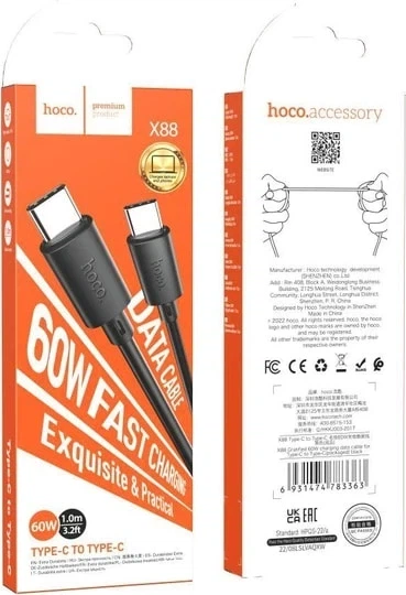 Інтерфейсний кабель Hoco X88 60W TypeC-TypeC 1m Black - зображення 4