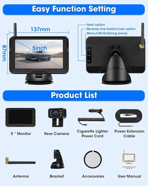 Парковочная система Airpuxem P067-EU6-ZQ / Бездротовая / 5" / Full HD / 170° / IP69 / Черный Б/В - изображение 8