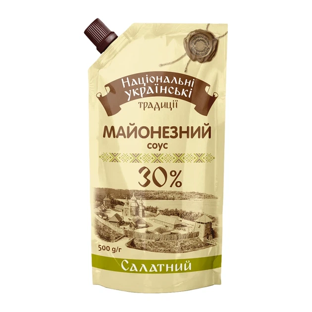 Майонезний соус Національні Українські Традиції Салатний 30% 500 г - Фото 1 Майонезний соус Національні Українські Традиції Салатний 30% 500 г - зображення 1