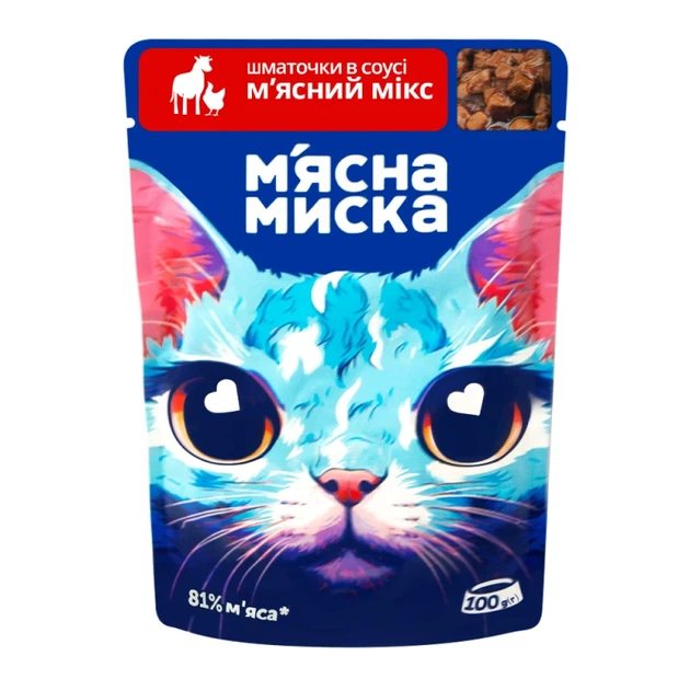 Вологий корм для котів М'ясна Миска шматочки в соусі м'ясний мікс 100 г - Фото 1 Вологий корм для котів М'ясна Миска шматочки в соусі м'ясний мікс 100 г - изображение 1