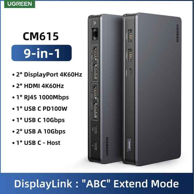 Док-станция 9 в 1 UGREEN Revodok Pro CM615 Type-C концентратор 4K HDMI DisplayPort RJ45 PD100W - изображение 3