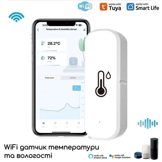 Умный Wi-Fi датчик влажности и температуры воздуха Tuya, smart life, Alexa, Google home на бетерейках ААА - Фото 1 Умный Wi-Fi датчик влажности и температуры воздуха Tuya, smart life, Alexa, Google home на бетерейках ААА - изображение 1
