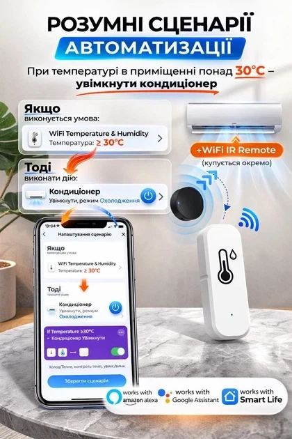 Умный Wi-Fi датчик влажности и температуры воздуха Tuya, smart life, Alexa, Google home на бетерейках ААА - Фото 2 Умный Wi-Fi датчик влажности и температуры воздуха Tuya, smart life, Alexa, Google home на бетерейках ААА - изображение 2