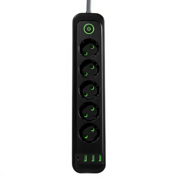 Сітковий фільтр-підовжувач 5 розеток 3 USB A + 1 Type-C на 3 метри, чорний(HP-5-42)(WB) - Фото 1 Сітковий фільтр-підовжувач 5 розеток 3 USB A + 1 Type-C на 3 метри, чорний(HP-5-42)(WB) - зображення 1