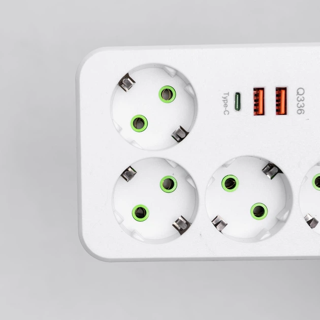 Мережевий фільтр подовжувач 3 метри на 4 розетки 2 USB 1 Type-C та кнопкою відключення перенесення із заземленням та захистом від перевантаження для дому офісу побутової техніки зарядки телефону гаджетів Білий - зображення 3