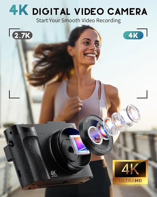 Цифрова камера 4K з відкидним екраном, 50 МП, зум 16X, карта 32гб - Фото 3 Цифрова камера 4K з відкидним екраном, 50 МП, зум 16X, карта 32гб - изображение 3