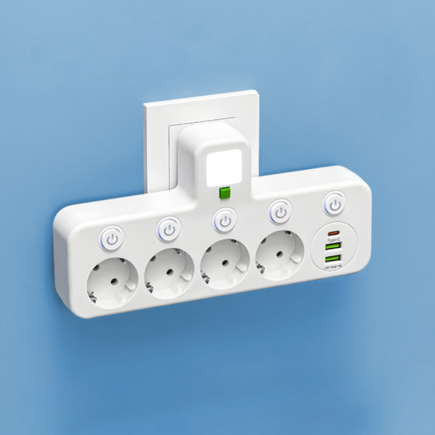 Мережевий адаптер з вимикачем і нічник QL-1139u 10A 4 розетки 2-USB 1-Type-C білий - зображення 2