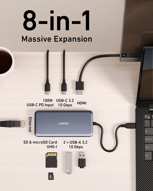 USB-хаб Anker PowerExpand 8-in-1 - PD in 100W/HDMI/2xUSB-A/USB-C 10Gbps/LAN/SD Black (A83830A2) - зображення 2