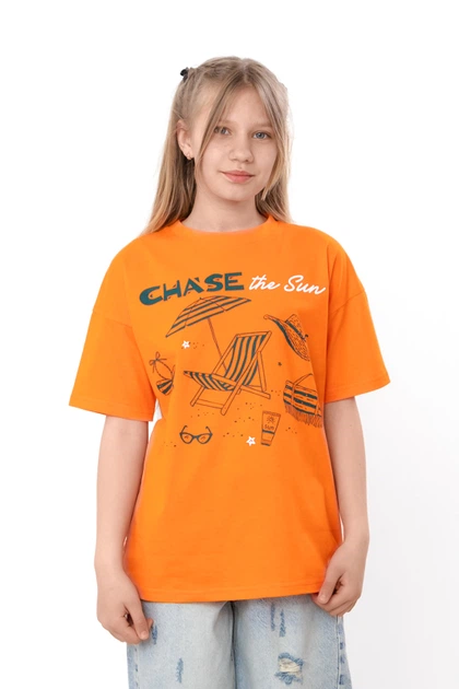 Дитяча футболка для дівчинки вільного крою Chase the Sun Носи своє 152 Помаранчевий (p-19757-235548) - Фото 1 Дитяча футболка для дівчинки вільного крою Chase the Sun Носи своє 152 Помаранчевий (p-19757-235548) - изображение 1
