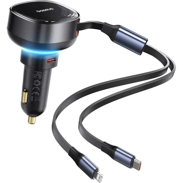 Автомобільний зарядний пристрій Baseus Enjoyment Pro Car Charger USB + Retractable C & iP Cable 60 W C00057802111-02 Black - зображення 2