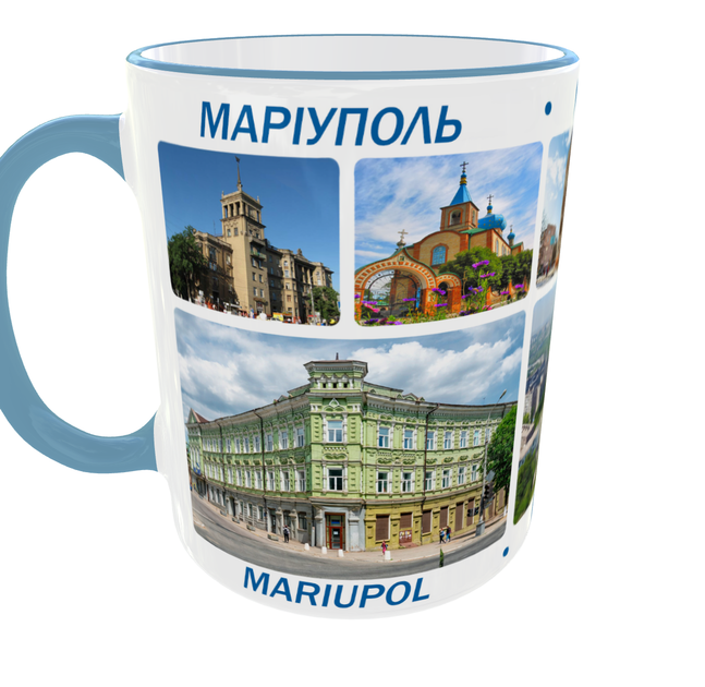 Сувенірна керамічна чашка з гербом та видами міста Маріуполь 330 мл | Серія «Міста України» (блакитна ручка) - зображення 2