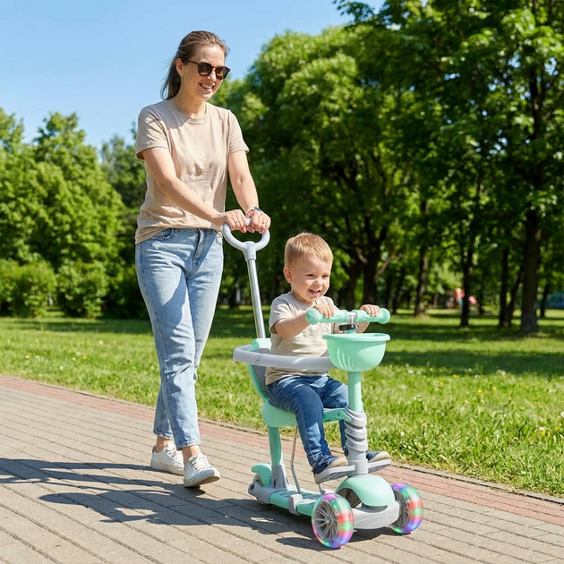 Самокат детский с бортиком и родительской ручкой трансформер 3в1 Scooter 4411 возраст от 1 года Mint-Grey - изображение 9