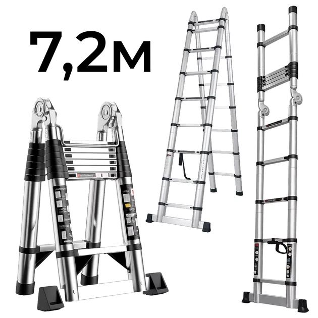 Телескопічна шарнірна сталева драбина 3,6 х 3,6 м - Фото 1 Телескопічна шарнірна сталева драбина 3,6 х 3,6 м - зображення 1