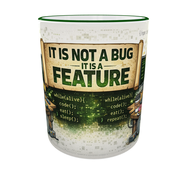 Кружка программиста 330 мл IT IS NOT A BUG IT IS A FEATURE | Подарок айтишнику, DevOps, разработчику(зеленая ручка) - изображение 6