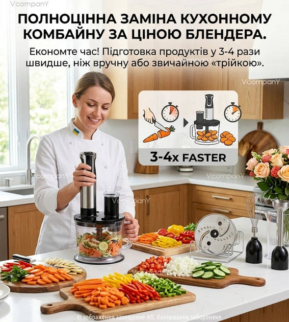 Блендер Погружной 3в1 с насадками для нарезки, блендер для смузи Rainberg Multifunction Blender 1600 Вт Grey - изображение 10