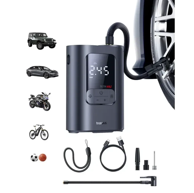 Автомобільний компресор Baseus GoTrip VA1 Max, 7500mAh, портативний насос, цифровий дисплей, для авто/велосипеда/м’ячів - зображення 5