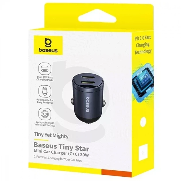 Автомобільний зарядний пристрій Baseus Tiny Star Mini Car Charger 2Type-C 30W C00035001121-03 Black - Фото 2 Автомобільний зарядний пристрій Baseus Tiny Star Mini Car Charger 2Type-C 30W C00035001121-03 Black - зображення 2