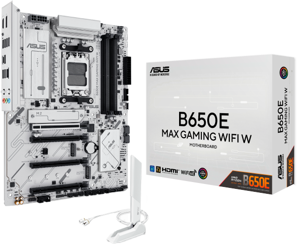 Материнська плата Asus B650E MAX GAMING Wi-Fi W (sAM5, AMD B650, PCI-Ex16) - Фото 2 Материнська плата Asus B650E MAX GAMING Wi-Fi W (sAM5, AMD B650, PCI-Ex16) - зображення 2
