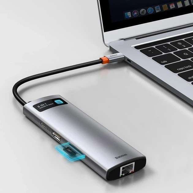 USB-хаб Baseus Metal Gleam Multifunctional 8-in-1 USB-C to 3xUSB-A/USB-C/HDMI/SD/TF/Ethernet Grey (CAHUB-CV0G) - Фото 10 USB-хаб Baseus Metal Gleam Multifunctional 8-in-1 USB-C to 3xUSB-A/USB-C/HDMI/SD/TF/Ethernet Grey (CAHUB-CV0G) - зображення 10