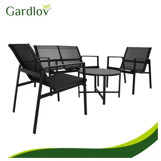 Комплект мебели для балкона 4 предмета Gardlov стальная конструкция ткань теслин закаленное стекло черный дерево - Фото 4 Комплект мебели для балкона 4 предмета Gardlov стальная конструкция ткань теслин закаленное стекло черный дерево - зображення 4