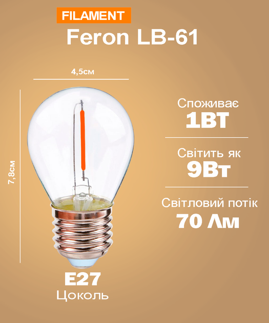 Світлодіодна лампа Feron Filament LB-61 1Вт E27 2700K прозора (LB-61/2700) - зображення 3