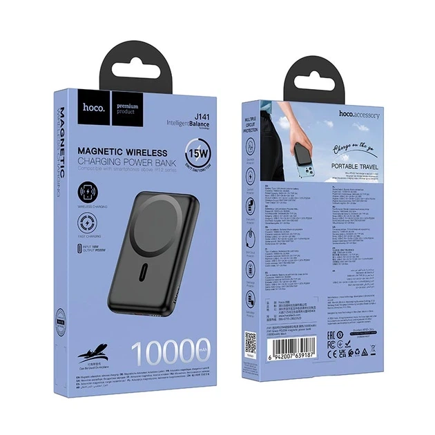 Портативний магнітний зарядний пристрій HOCO J141, 10000mAh, підтримка MagSafe, швидка зарядка QC/PD, LED-дисплей, Чорний - зображення 3
