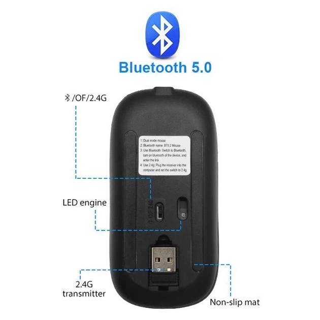 Бездротова акумуляторна RGB мишка беспроводная Black, Bluetooth 5.1 WiFi 2.4 DPI 800/1200/1600, перезаряджається - зображення 10