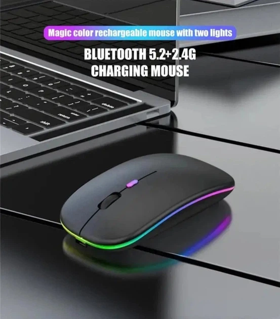 Бездротова акумуляторна RGB мишка беспроводная Black, Bluetooth 5.1 WiFi 2.4 DPI 800/1200/1600, перезаряджається - зображення 12