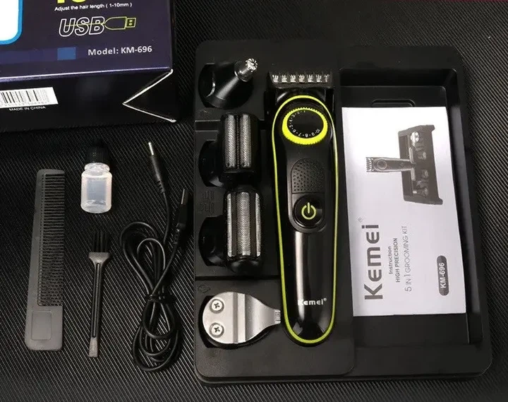 Тример Kemei 5 в 1 для стрижки волосся, бороди та вусів, машинка для носа і вух, акумуляторний, USB, LED дисплей - зображення 6