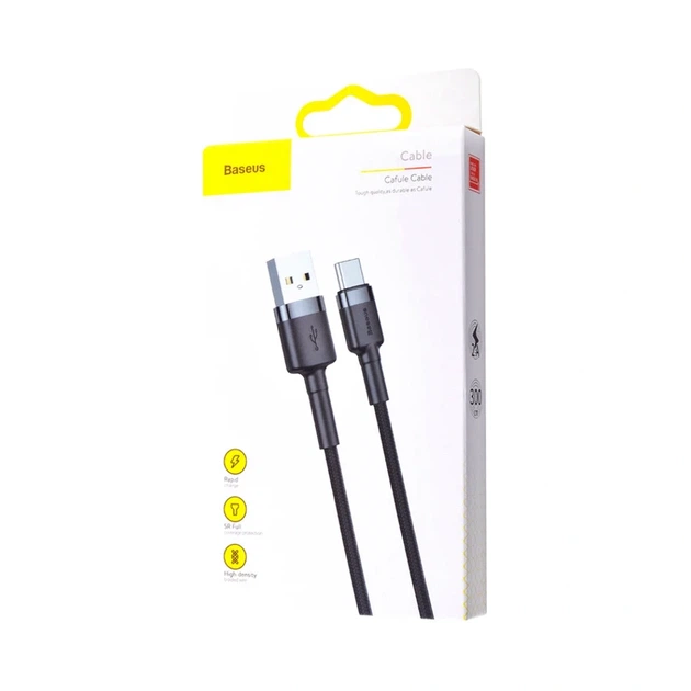 Кабель Baseus Cafule USB Type-C 2A 3м чорний для заряджання та передачі даних - зображення 2
