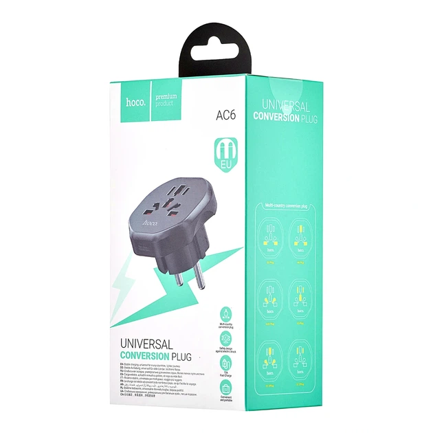 Переходник Hoco AC6 черный 2500W 10A 100-250V универсальный для путешествий и дома - изображение 2