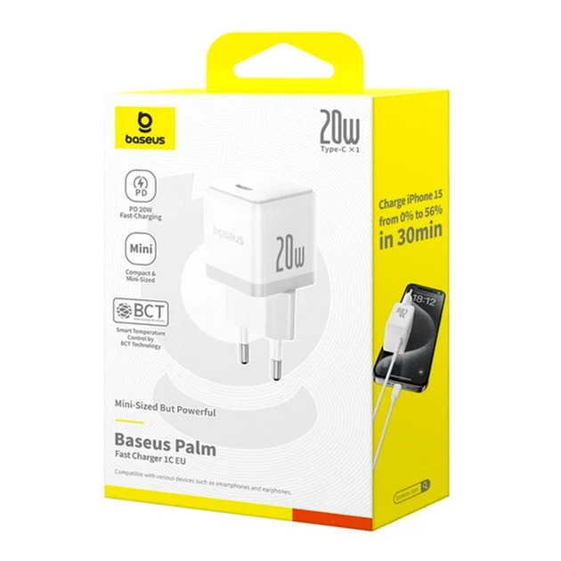 Зарядное устройство Baseus Palm 20W USB Type-C белое для быстрой зарядки Quick Charge 3.0 один порт - Фото 2 Зарядное устройство Baseus Palm 20W USB Type-C белое для быстрой зарядки Quick Charge 3.0 один порт - изображение 2