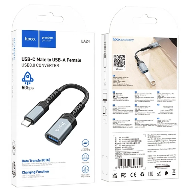 Адаптер Hoco UA24 Type-C male USB female 3.0 0.18 м металл серый для подключения устройств - изображение 2