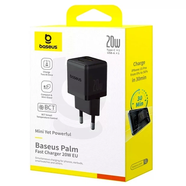 Мережевий зарядний пристрій Baseus Palm 20Вт USB Type-C USB Type-A чорний для швидкого заряджання пристроїв - зображення 2