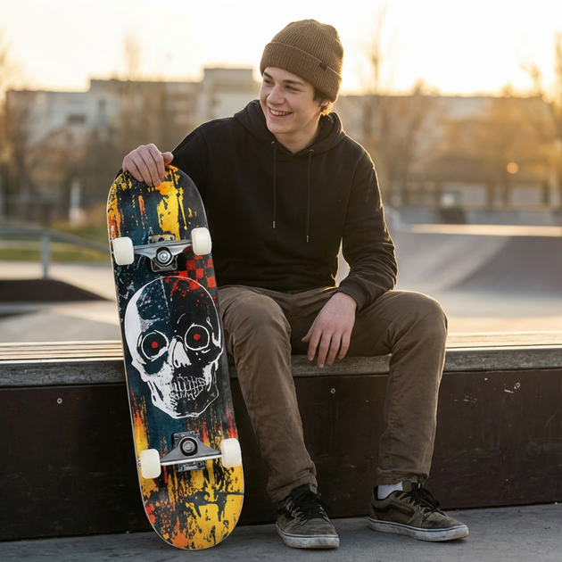 Скейтборд деревянный SP-Sport Skateboard Skull 8413-1 размер 78х20см Black-Yellow-Red - Фото 7 Скейтборд деревянный SP-Sport Skateboard Skull 8413-1 размер 78х20см Black-Yellow-Red - изображение 7