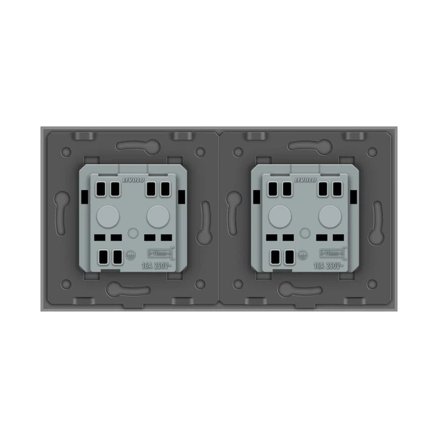 Подвійна електрична розетка вологозахисна з кришкою IP44 з заземленням, LIVOLO, сіра, скляна рамка, шторки, 250В 16А (VL-C7C2EUWF-15) - зображення 4