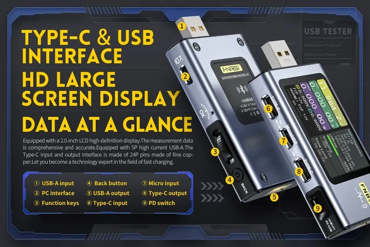 USB тестер FNIRSI FNB58 Bluetooth — професійний вольтметр, амперметр і аналізатор заряджання, SuperVOOC, DASH, QC 4, Type-C - зображення 2