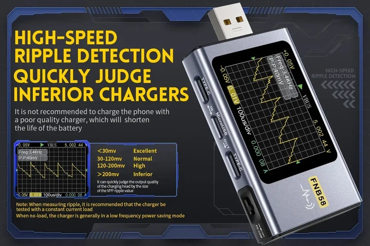 USB тестер FNIRSI FNB58 Bluetooth — професійний вольтметр, амперметр і аналізатор заряджання, SuperVOOC, DASH, QC 4, Type-C - зображення 4