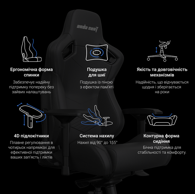 Кресло игровое Anda Seat Kaiser 2 Size XL до 180 кг Black (AD12XL