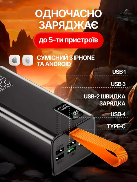 Повербанк 50000 mAh черный Power bank с быстрой зарядкой 22.5W повербанк с десплеем на 5 USB Type-C - изображение 2