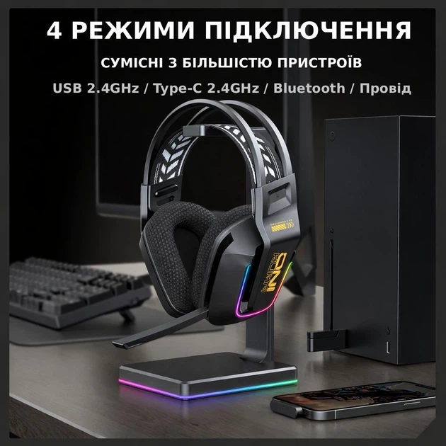 Бездротові ігрові навушники Onikuma GT828 геймерська Bluetooth гарнітура з мікрофоном та RGB Black (19119) - зображення 5