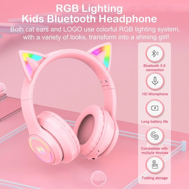 Бездротові ігрові навушники з котячими вушками Onikuma B90 RGB гарнітура з мікрофоном Pink (19117) - зображення 7