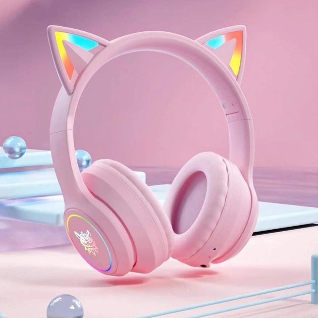 Бездротові ігрові навушники з котячими вушками Onikuma B90 RGB гарнітура з мікрофоном Pink (19117) - зображення 11